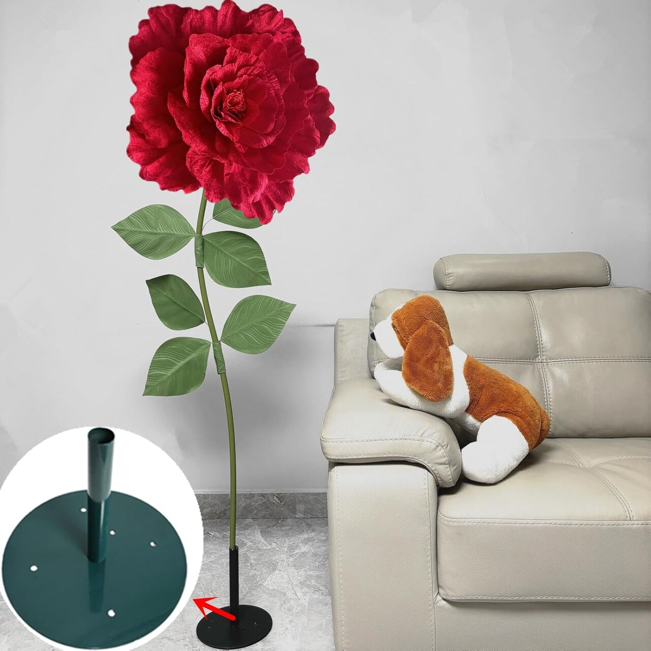 1 Giant Red Artificial Rose with Stem and Base Large Flower for Wedding Party Decor